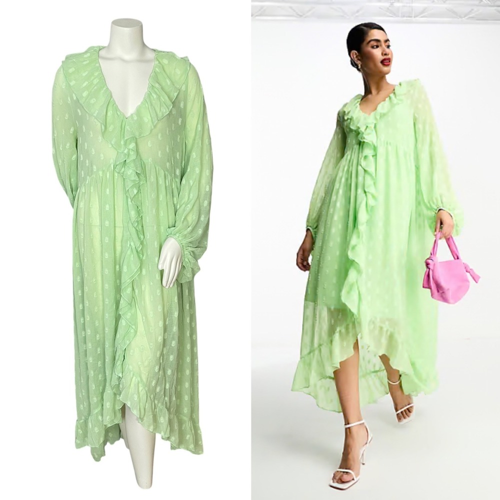 ASOS Polka Dot Dress Sheer Green Ruffles Plumeti Dotted Swiss Size 10 Women